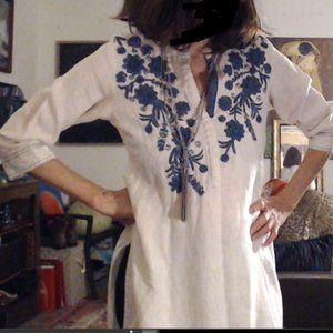 Vintage 70s Timeless  Indie Cotton LInen Embroidered Caftan Kurta Midi Dress S